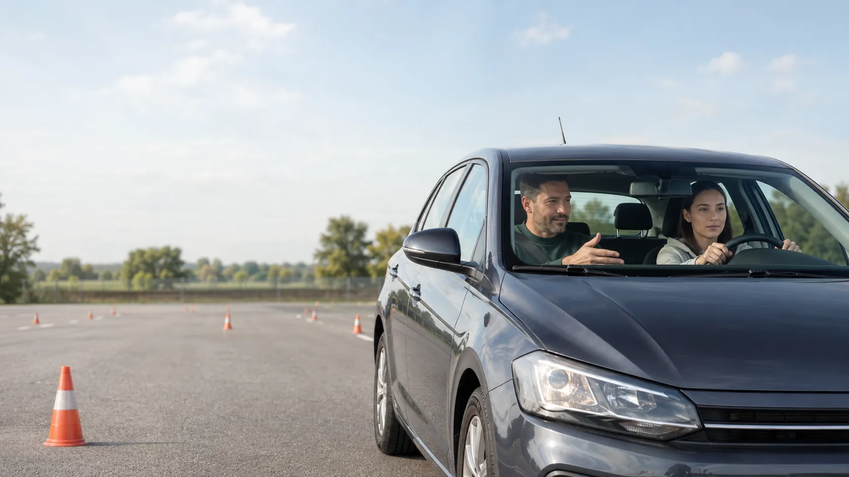 Fahrlehrer begleitet eine Fahrschülerin beim Auto-Intensivkurs